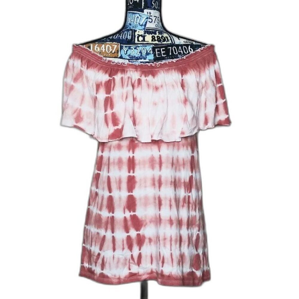 CHASER Tie Dye Off‎ Shoulder Ruffle Top Pink Red Tee Boho Hippie Sz Medium NWT
